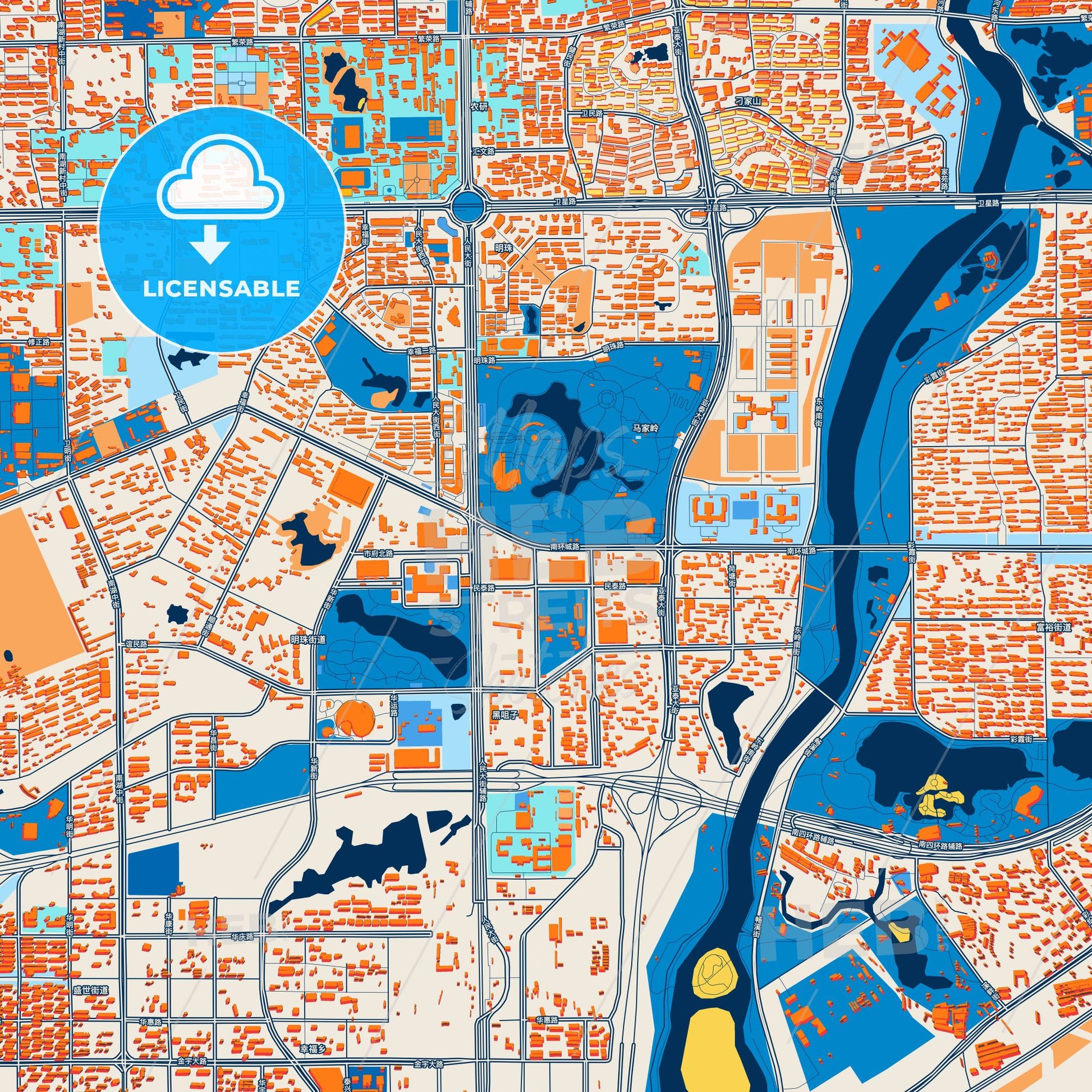 Colorful Changchun Street Map with Labels and Buildings