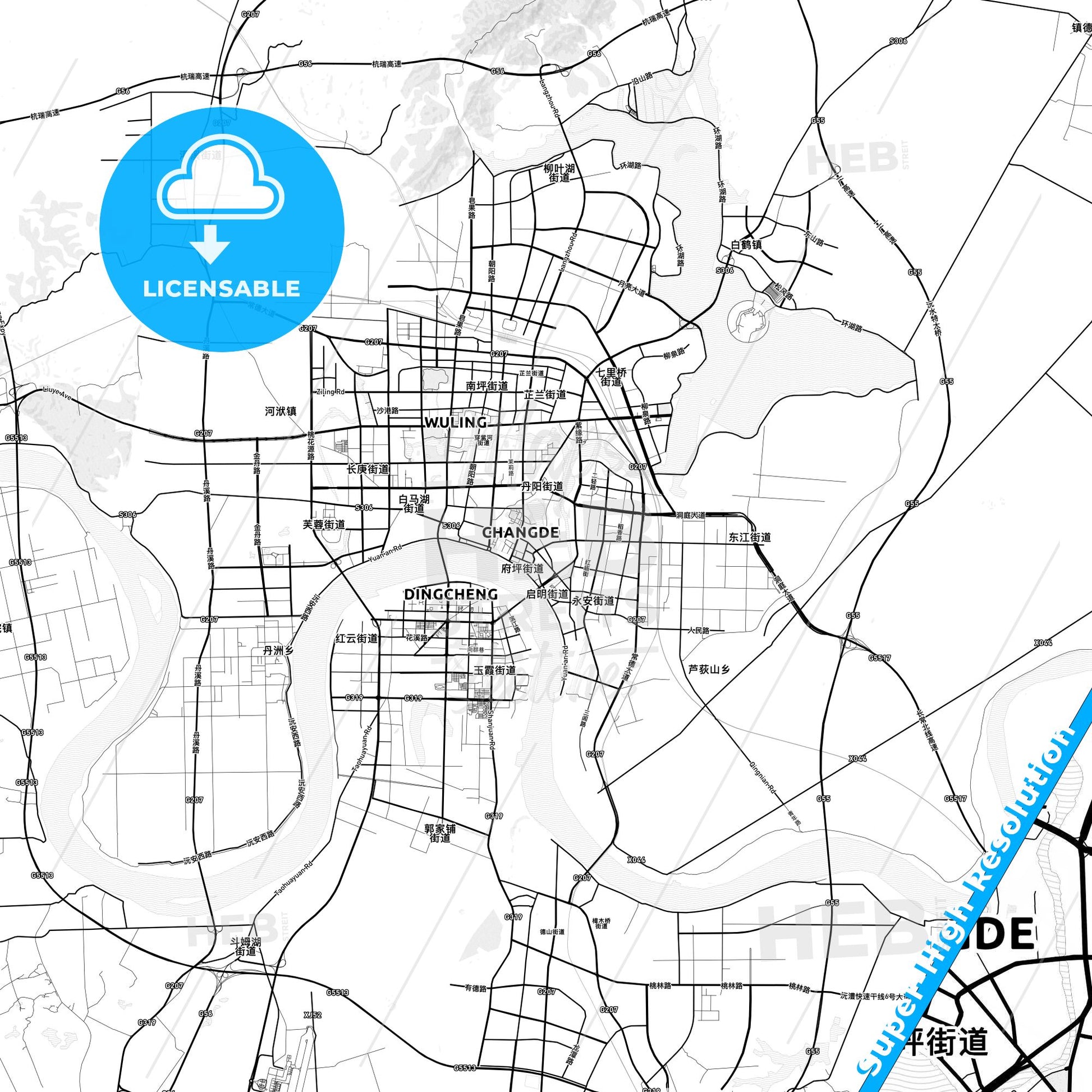 Changde, China light map with streetnames, citynames and districts