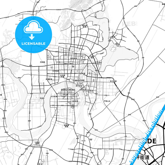 Changde, China light map with streetnames, citynames and districts