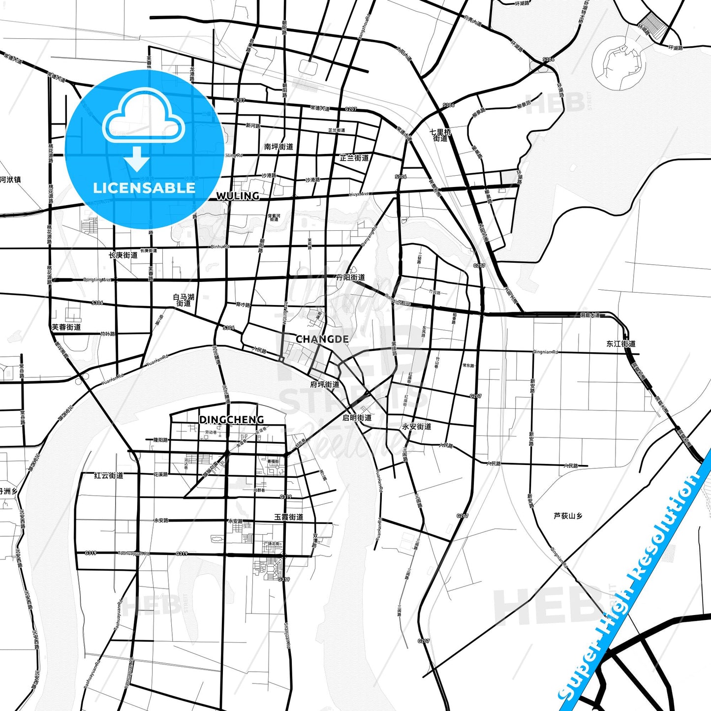 Changde, China Light Map with Street Names, City Names, and Districts