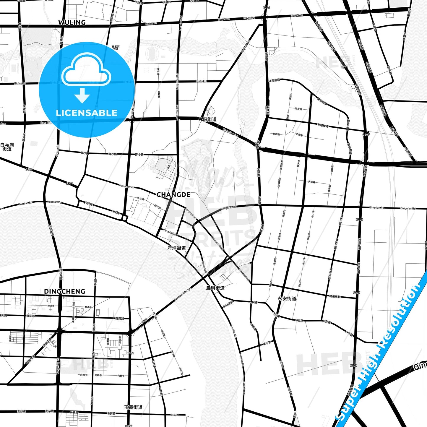 Changde, China Light Map with Street Names, City Names, and Districts