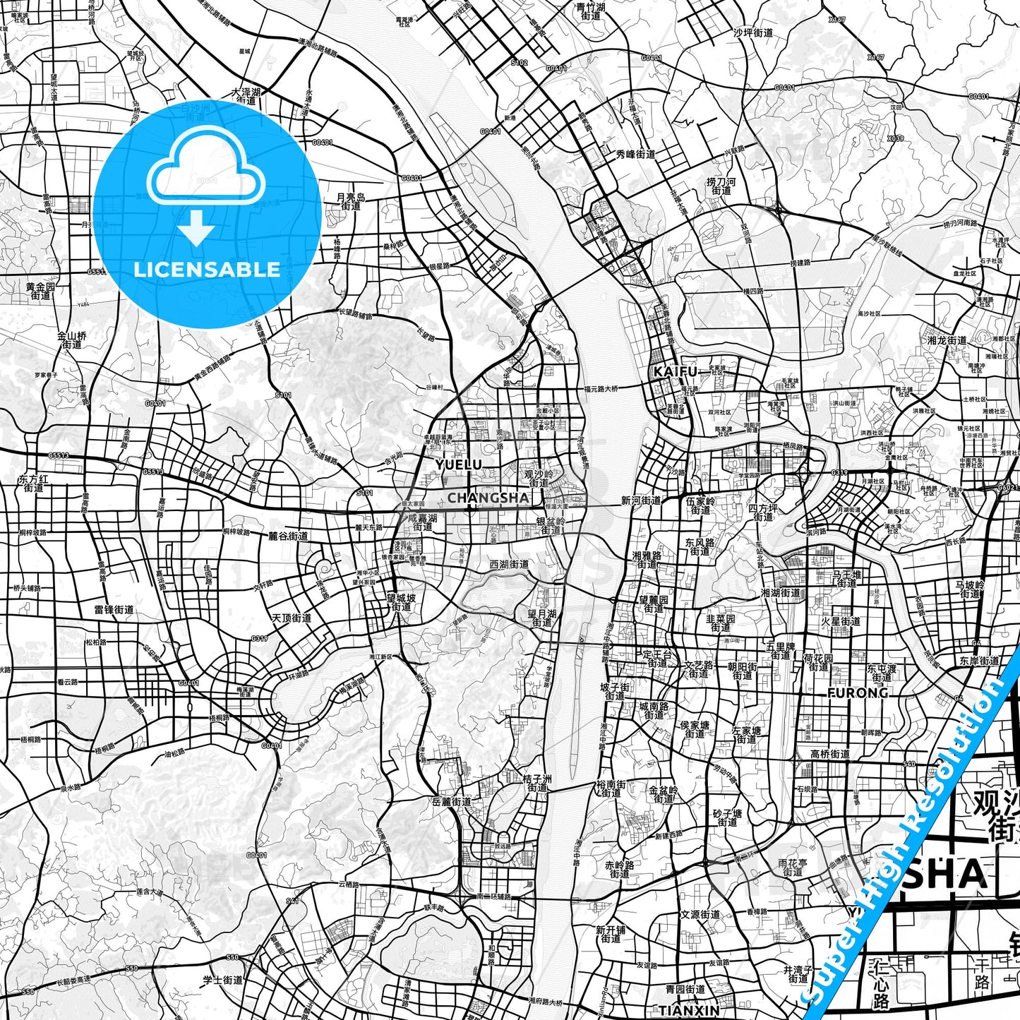 Changsha, China light map with streetnames, citynames and districts