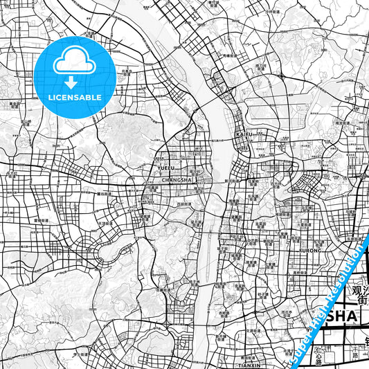 Changsha, China light map with streetnames, citynames and districts
