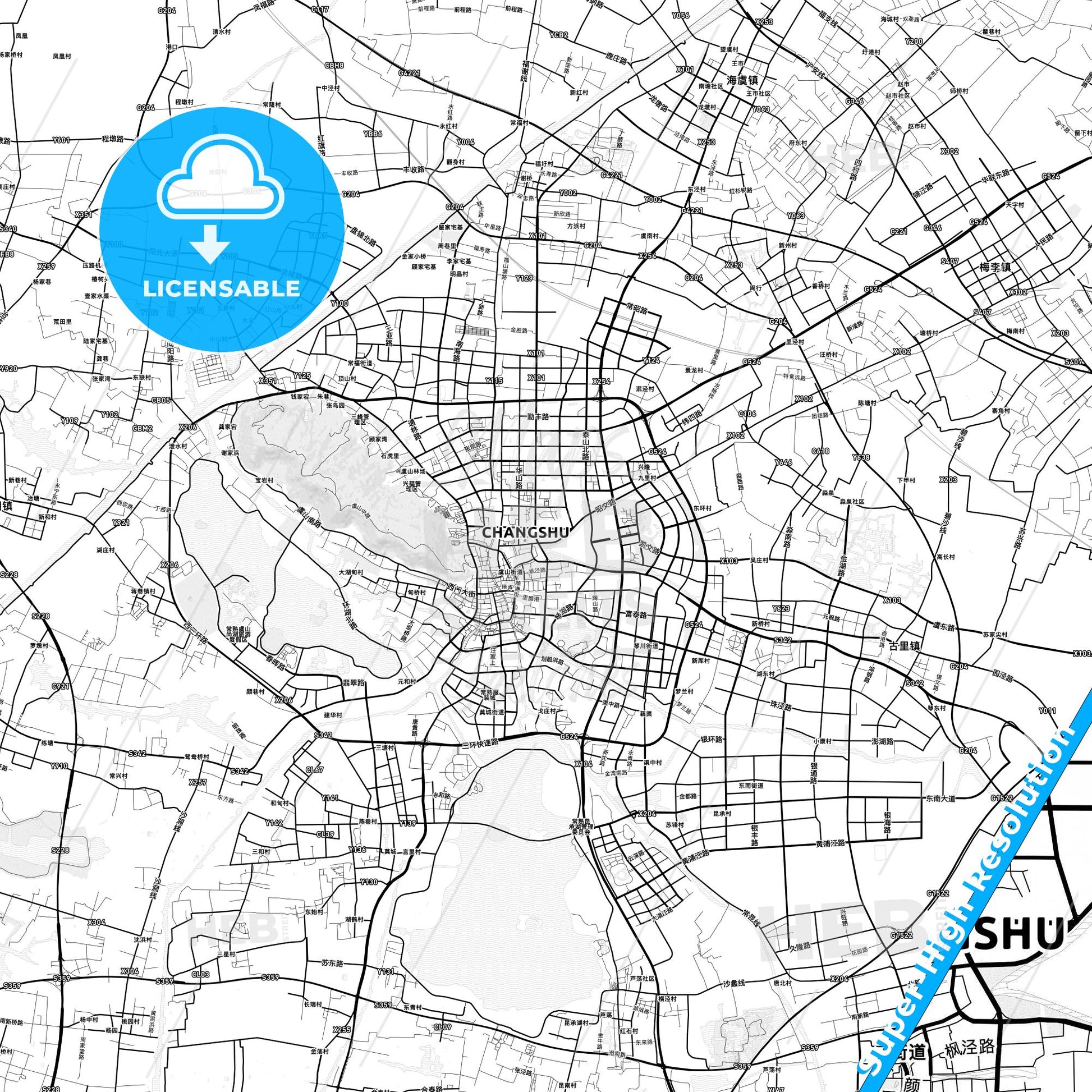 Changshu, China light map with streetnames, citynames and districts