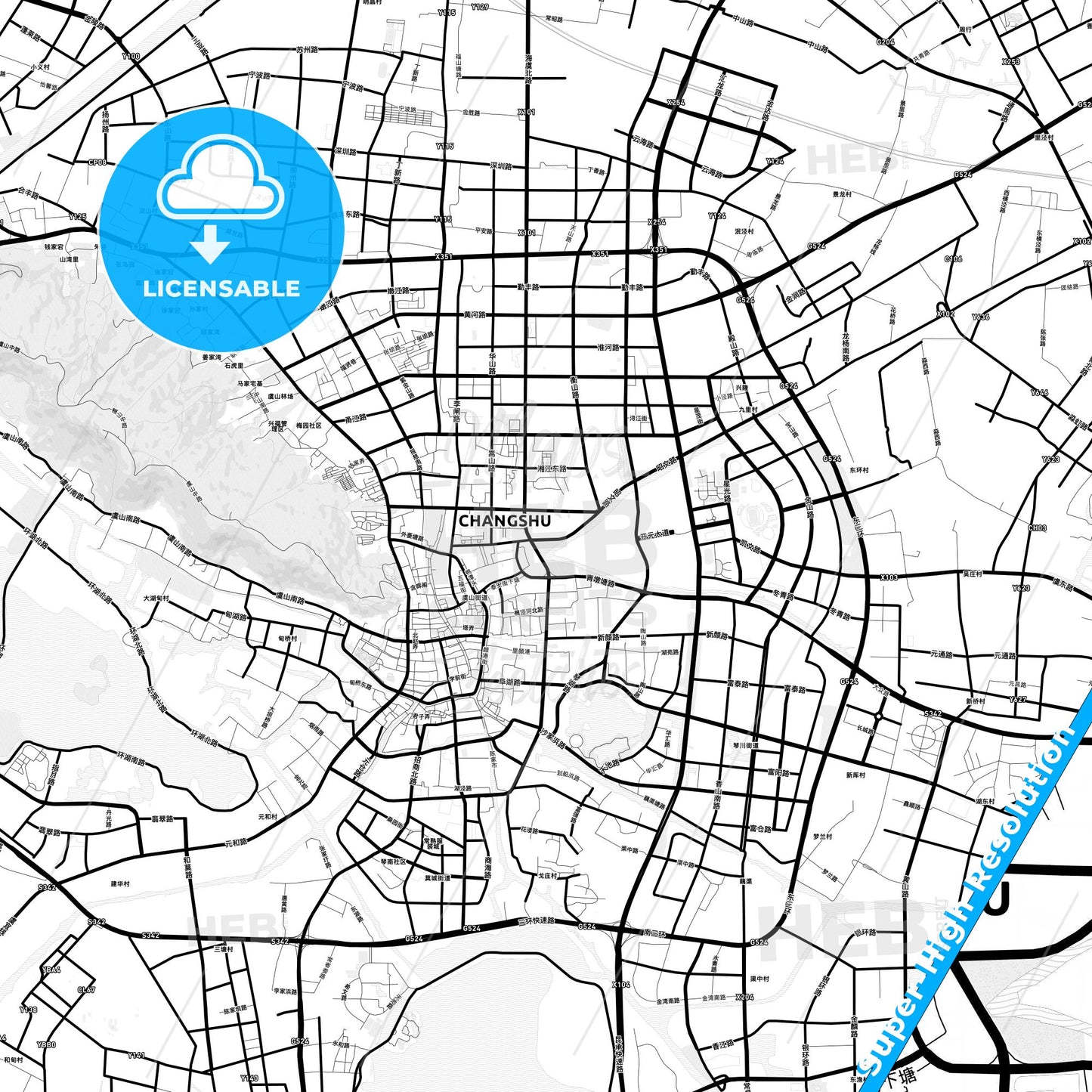 Changshu, China Light Map with Street Names, City Names, and Districts