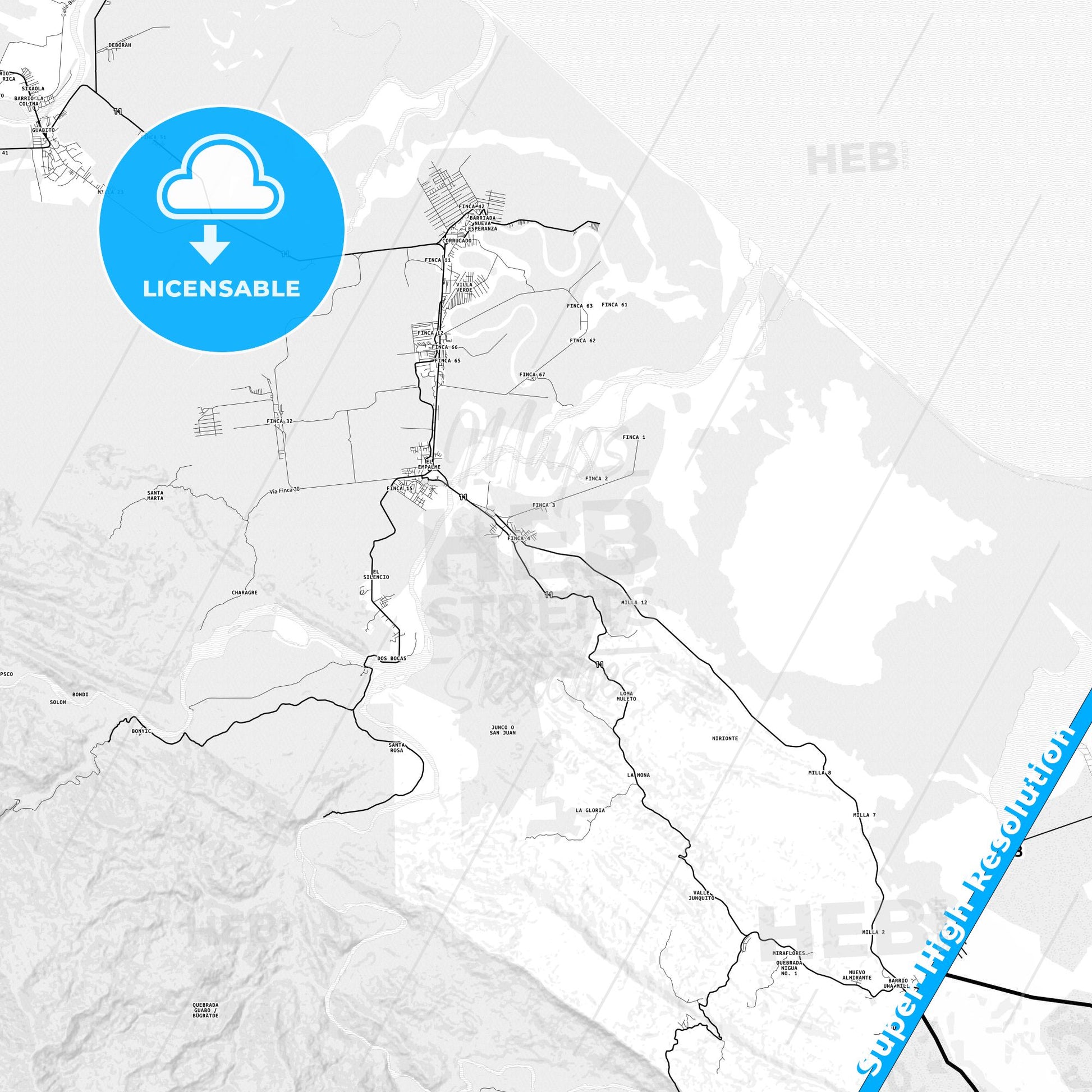 Changuinola, Panama light map with streetnames, citynames and districts