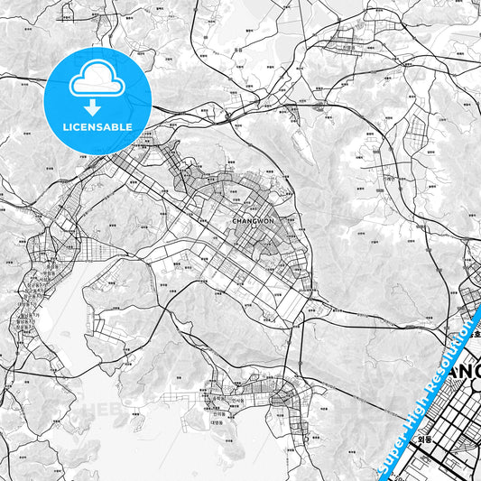 Changwon, South Korea light map with streetnames, citynames and districts
