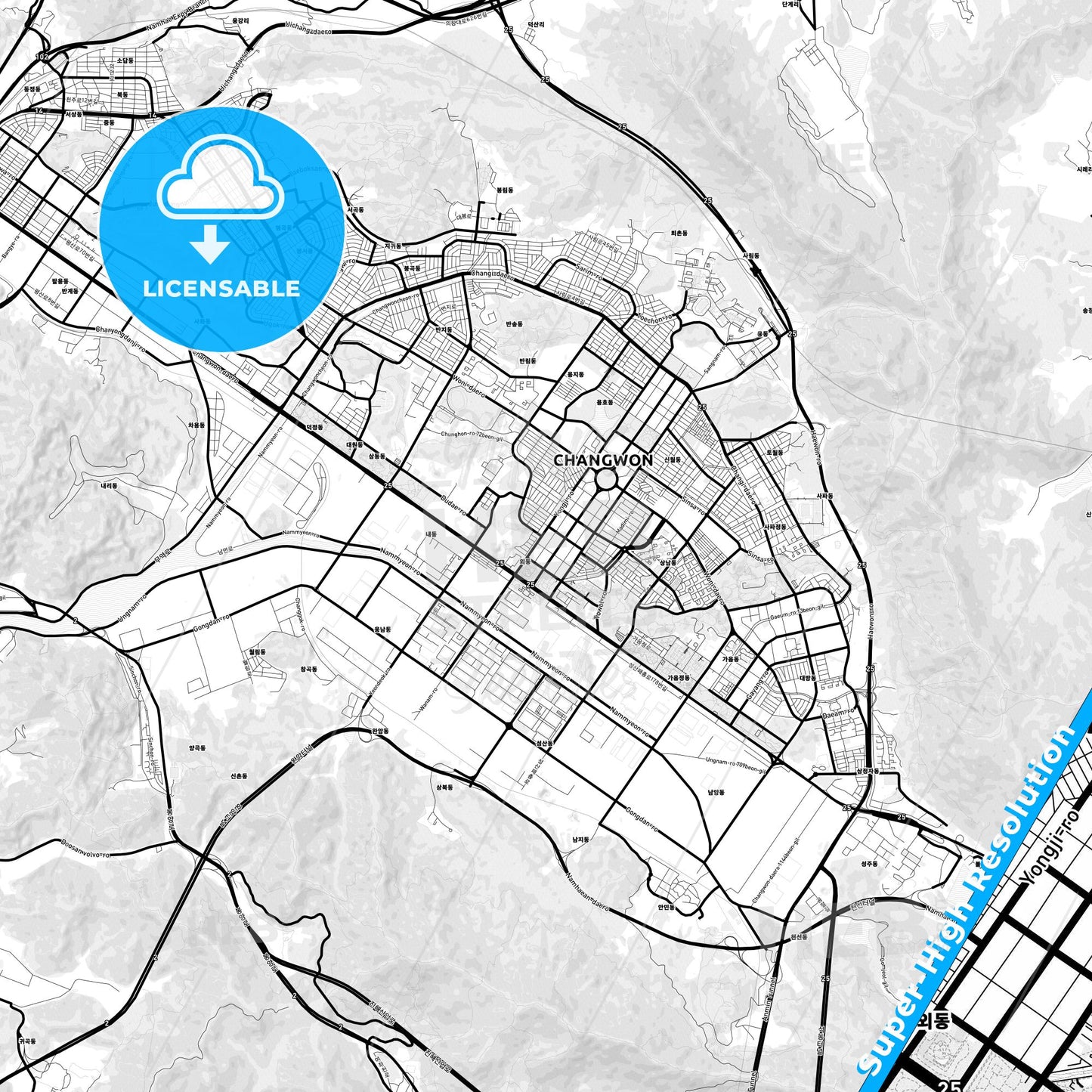Changwon, South Korea Light Map with Street Names, City Names, and Districts