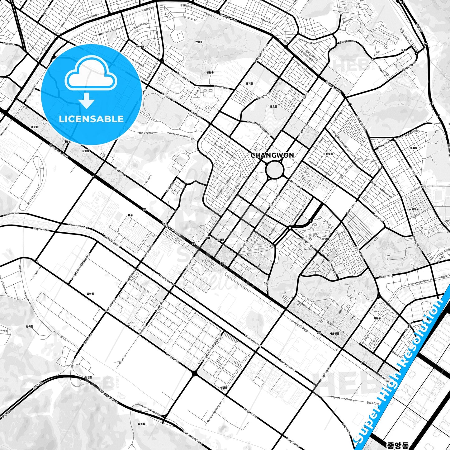 Changwon, South Korea Light Map with Street Names, City Names, and Districts