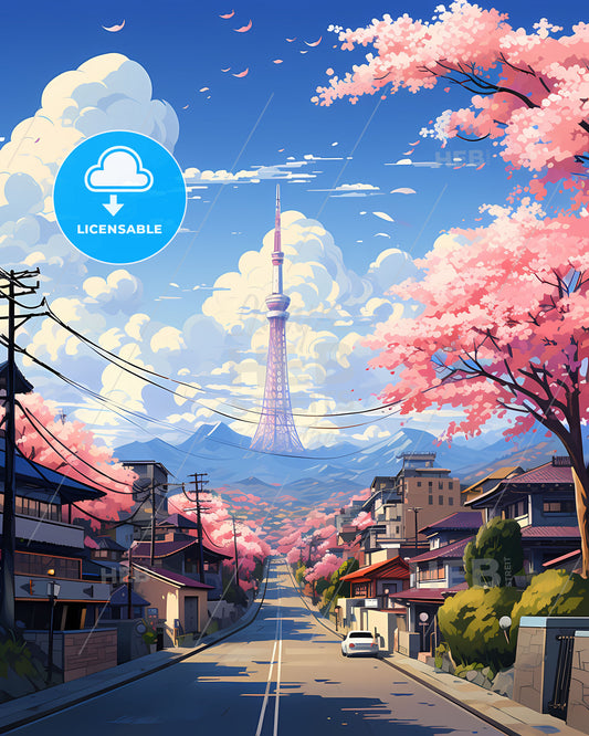 Changwon South Korea City Skyline Vibrant Painting with Cherry Blossoms and Tower