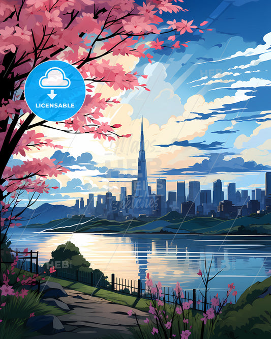 Seoul South Korea modern city skyline with pink cherry blossoms overlooking water front
