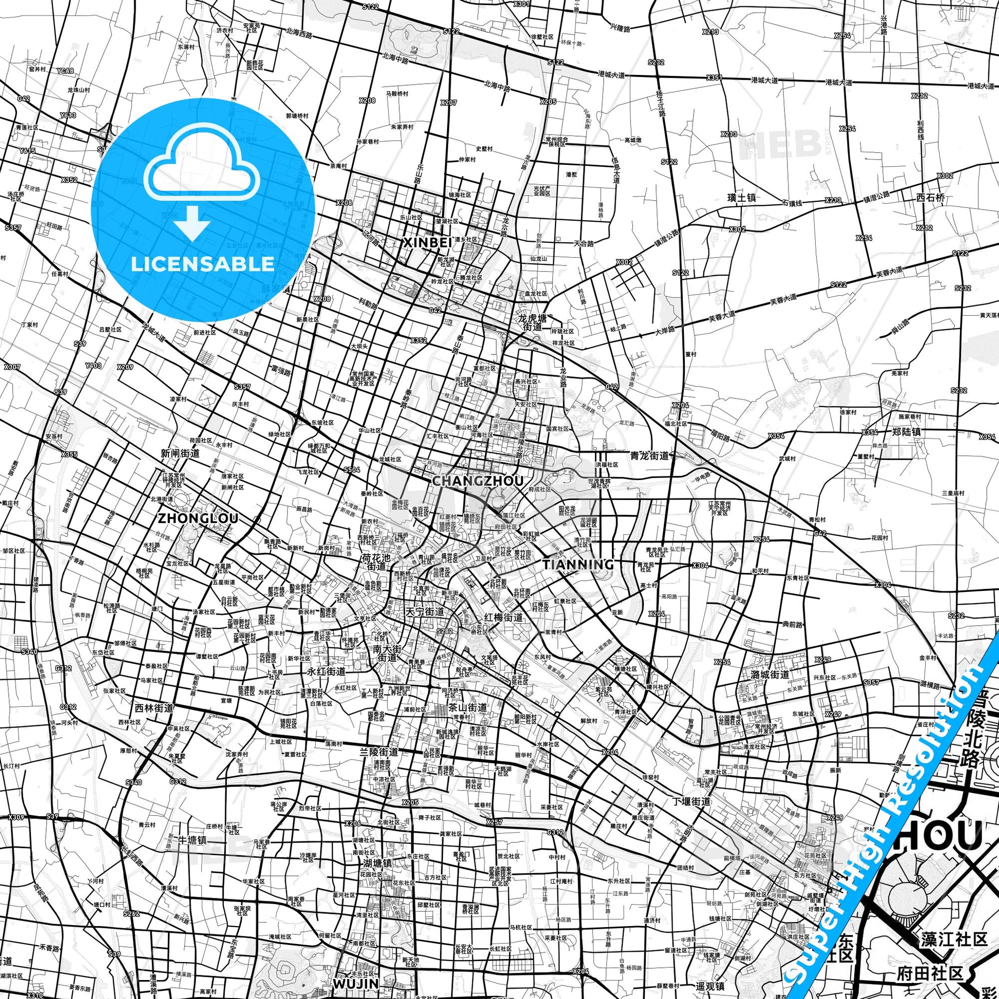 Changzhou, China light map with streetnames, citynames and districts