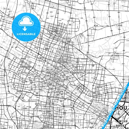 Changzhou, China light map with streetnames, citynames and districts
