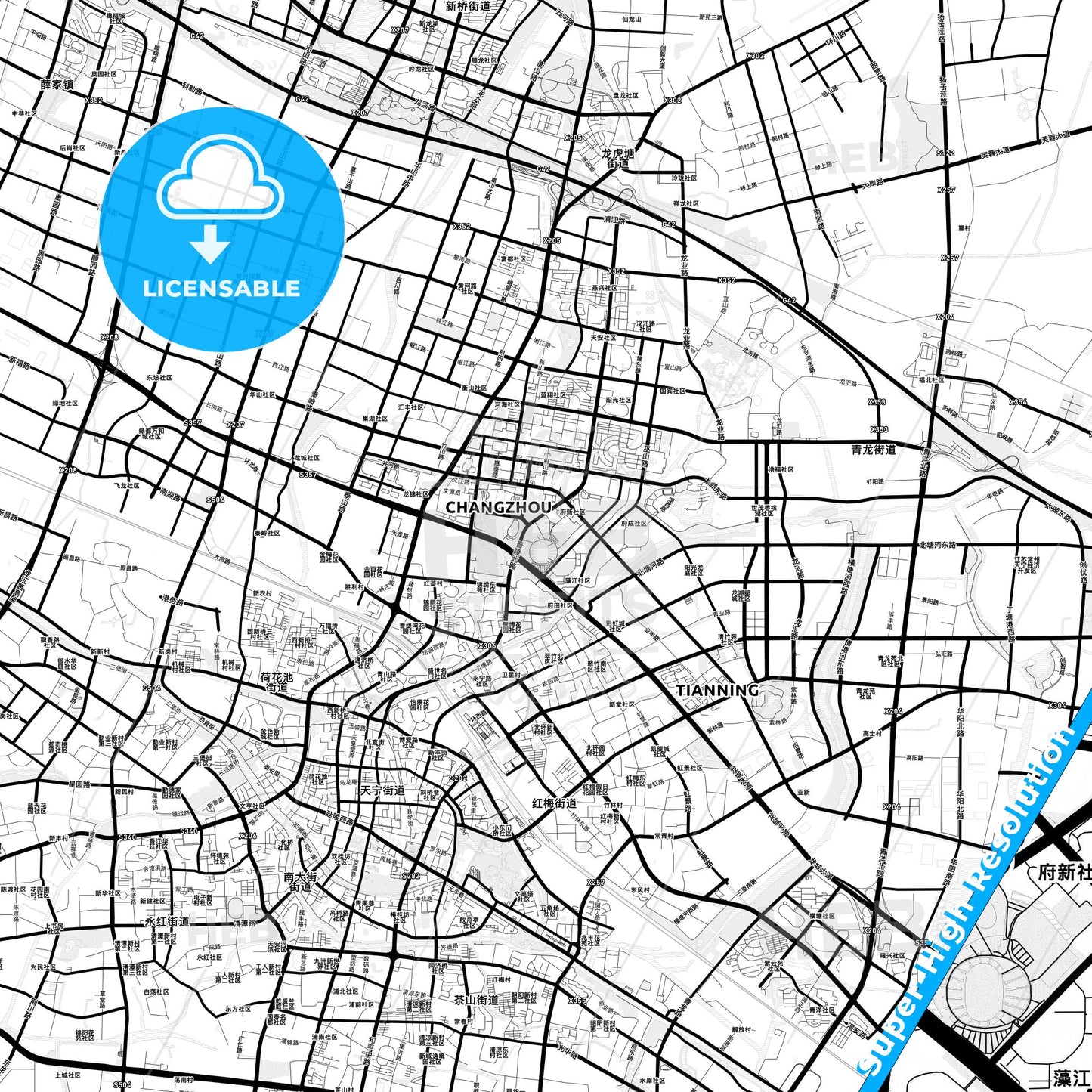 Changzhou, China Light Map with Street Names, City Names, and Districts
