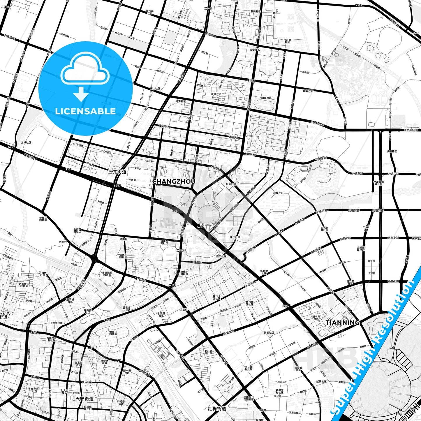Changzhou, China Light Map with Street Names, City Names, and Districts
