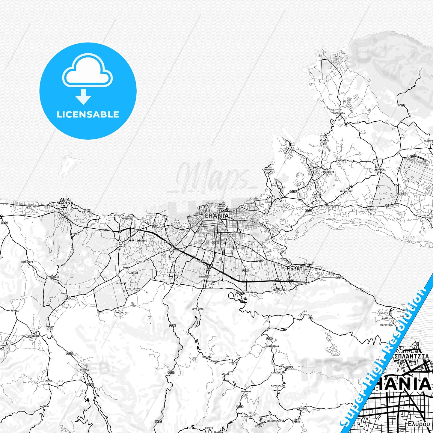  Chania, Greece light map with streetnames, citynames and districts