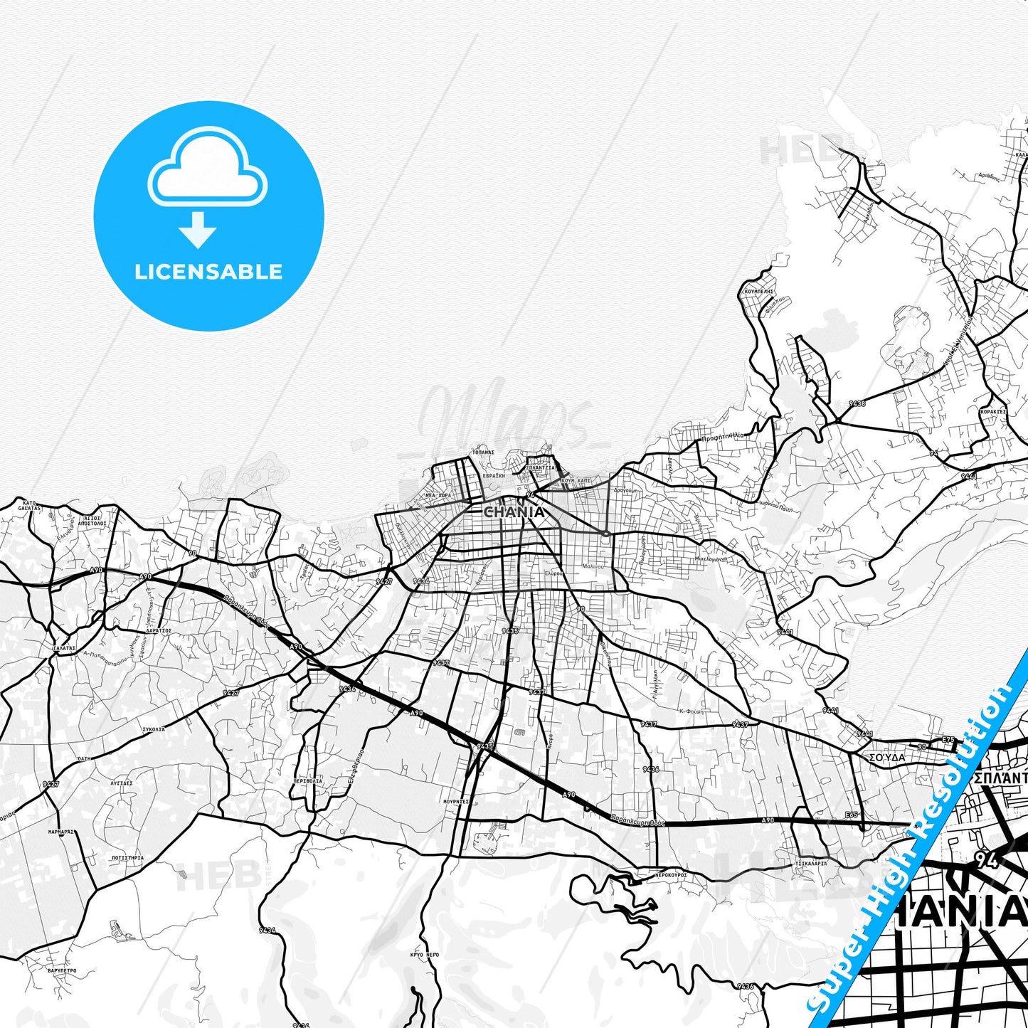 Chania, Greece Light Map with Street Names, City Names, and Districts