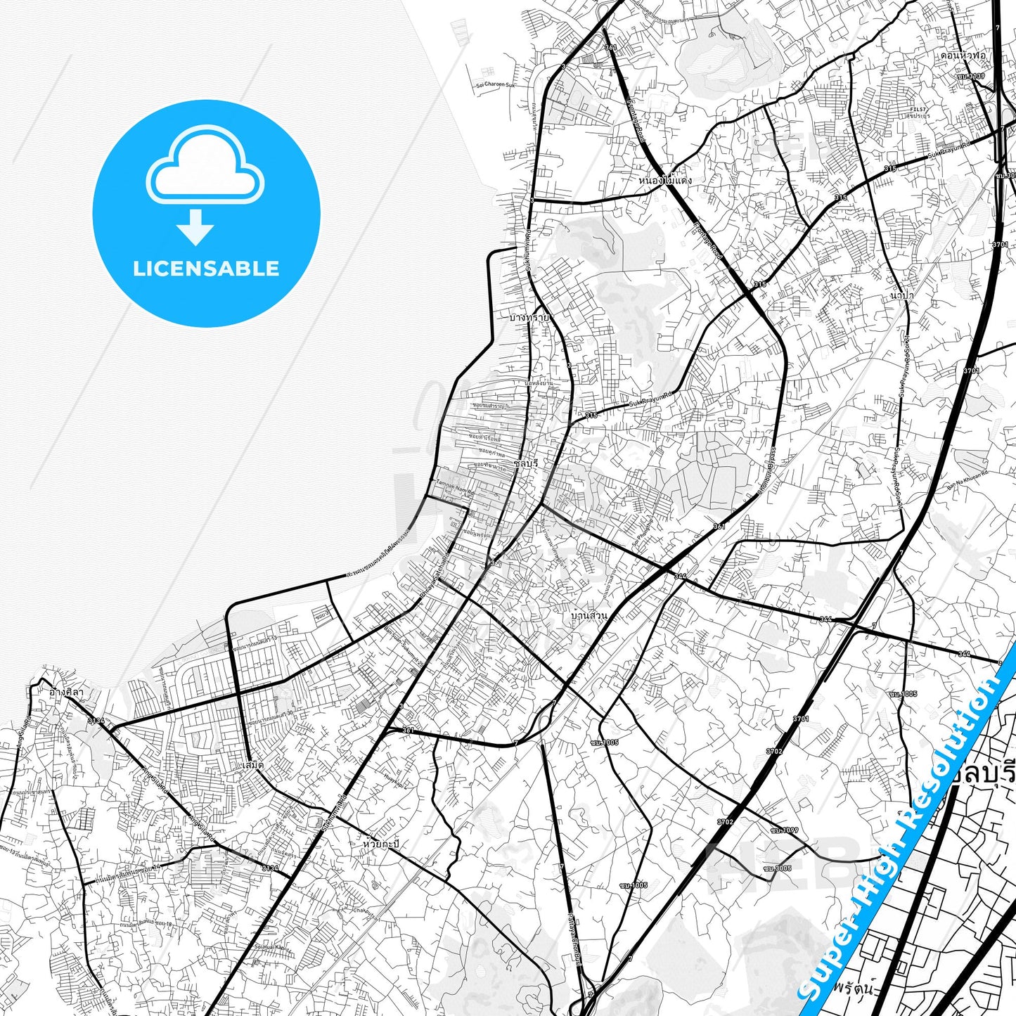 Chaophraya Surasak, Thailand Light Map with Street Names, City Names, and Districts