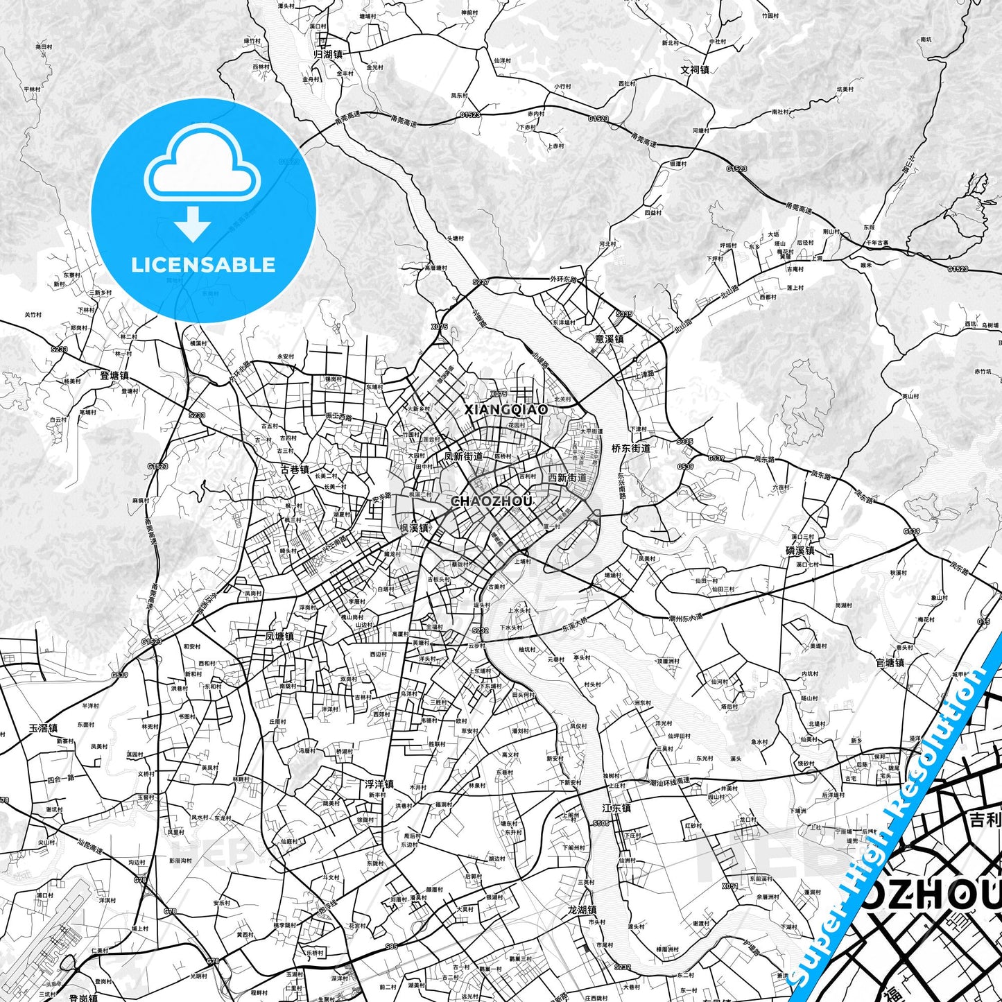 Chaozhou, China light map with streetnames, citynames and districts