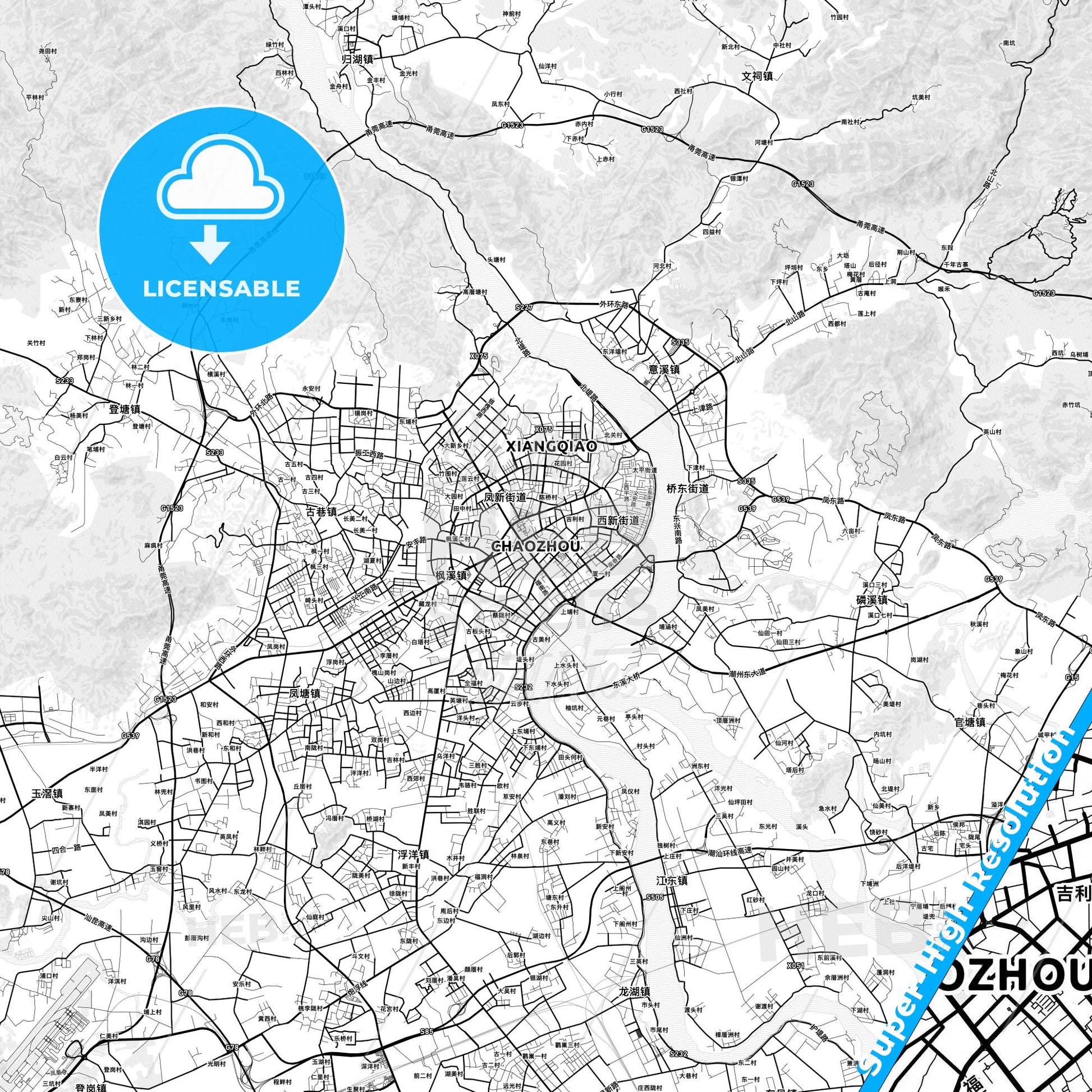 Chaozhou, China light map with streetnames, citynames and districts