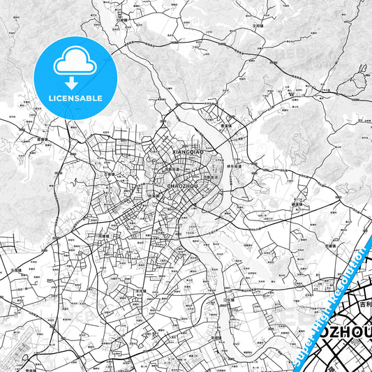 Chaozhou, China light map with streetnames, citynames and districts
