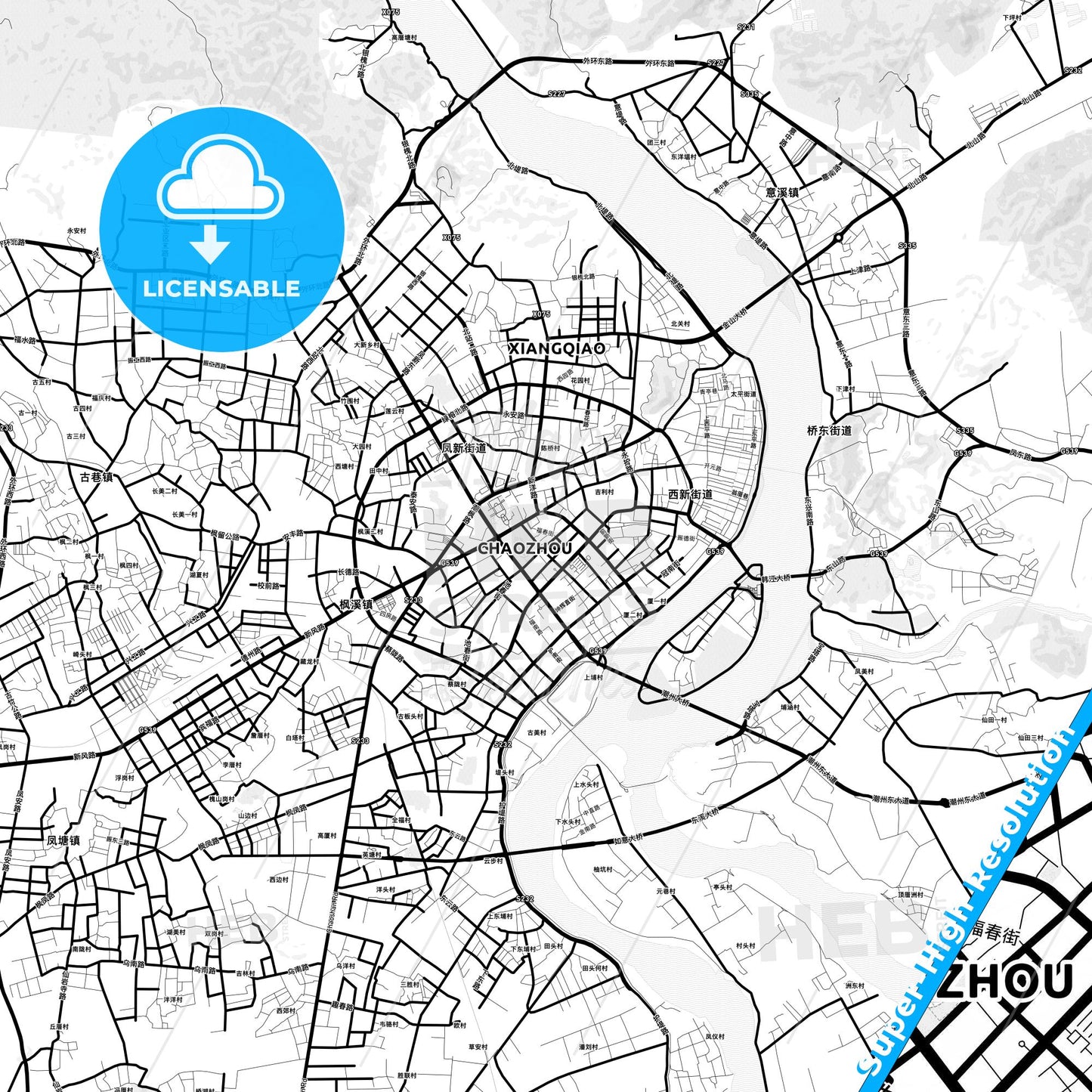 Chaozhou, China Light Map with Street Names, City Names, and Districts