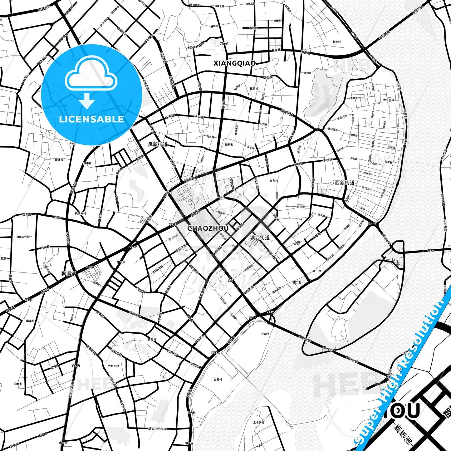Chaozhou, China Light Map with Street Names, City Names, and Districts