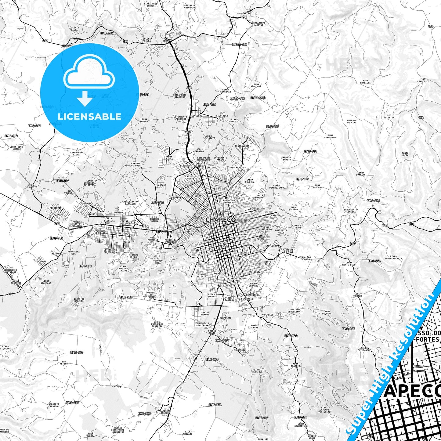 Chapeco, Brazil light map with streetnames, citynames and districts