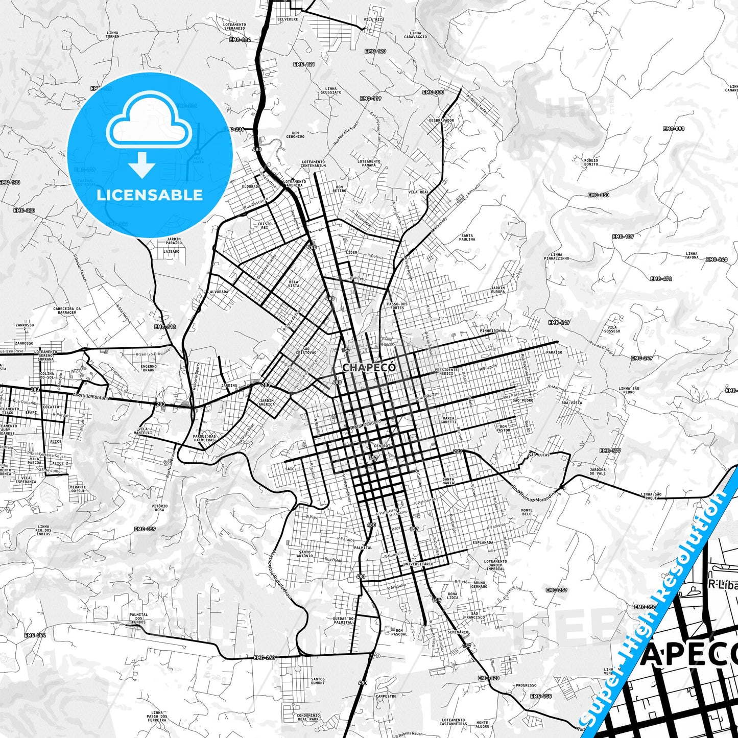 Chapeco, Brazil Light Map with Street Names, City Names, and Districts