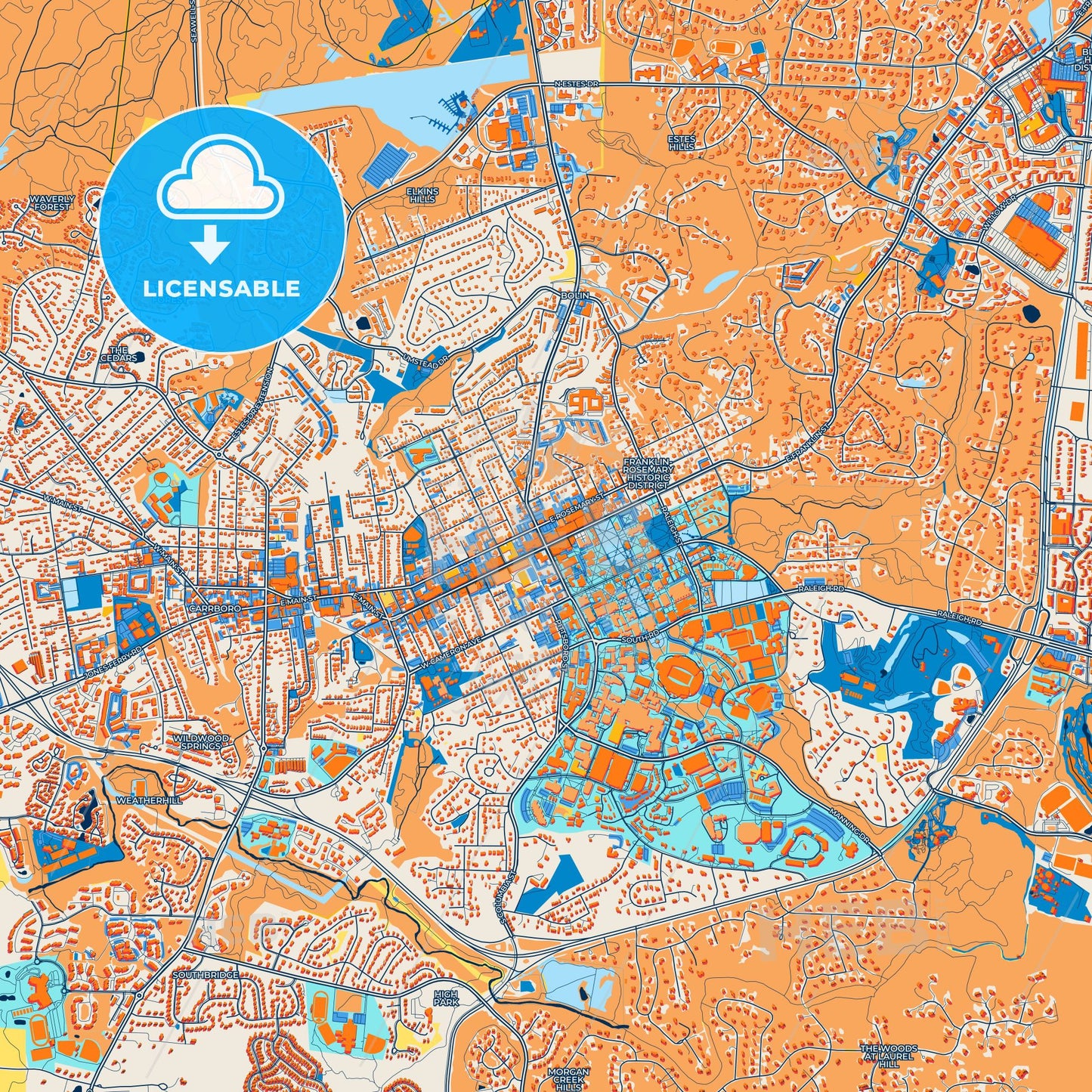 Colorful Chapel Hill Street Map with Labels and Buildings