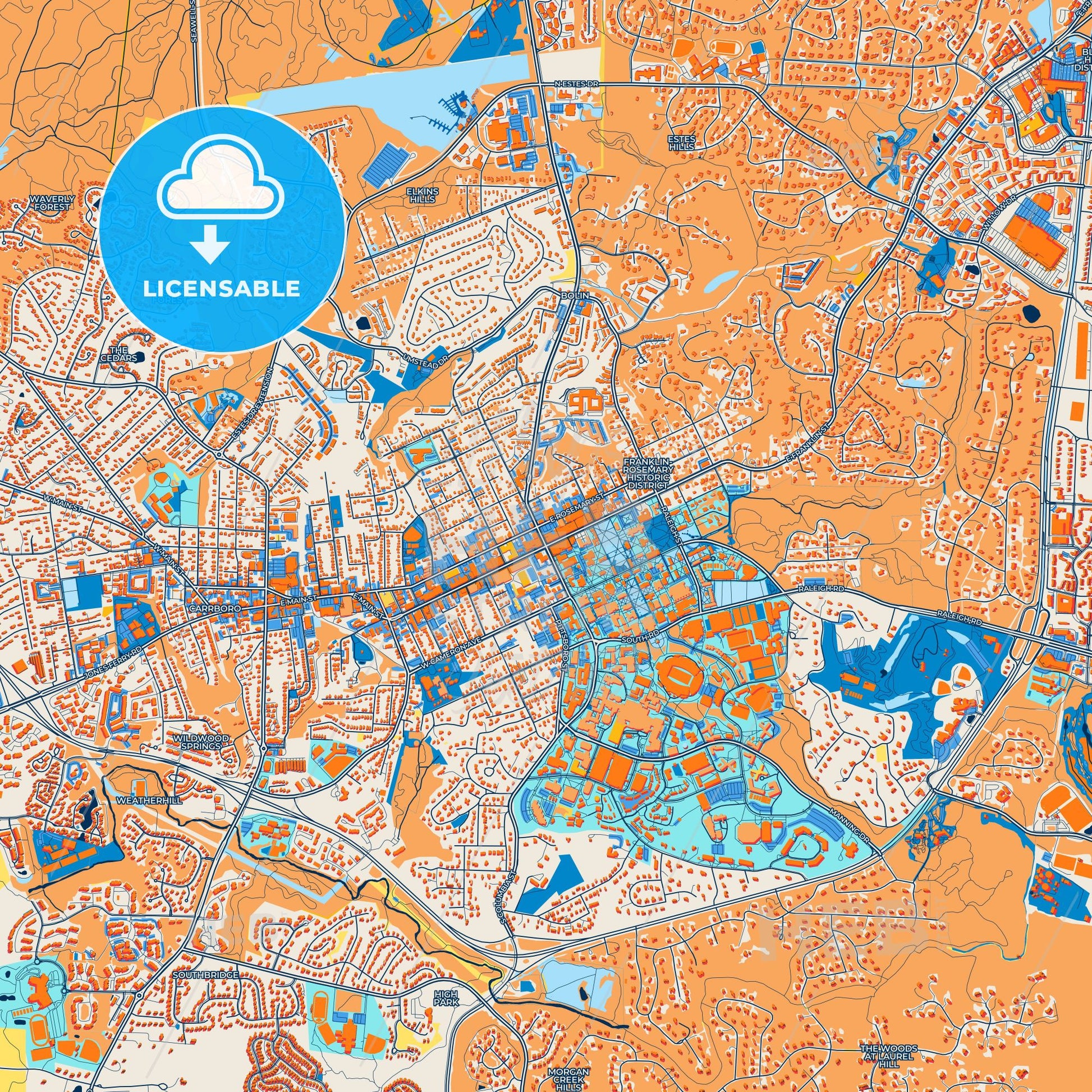 Colorful Chapel Hill Street Map with Labels and Buildings