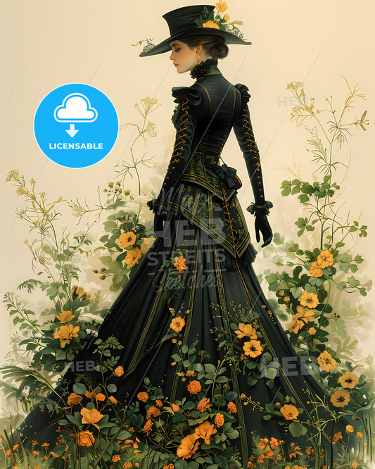Androgynous Rococo-Inspired Character Concept Art: Vibrant Painting of a Woman in Dress and Hat