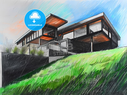Charcoal Sketch Digital Painting: Modern Hillside House with Sloped Roofline, Sunset Glow, Artistic Home Decor, Original Art
