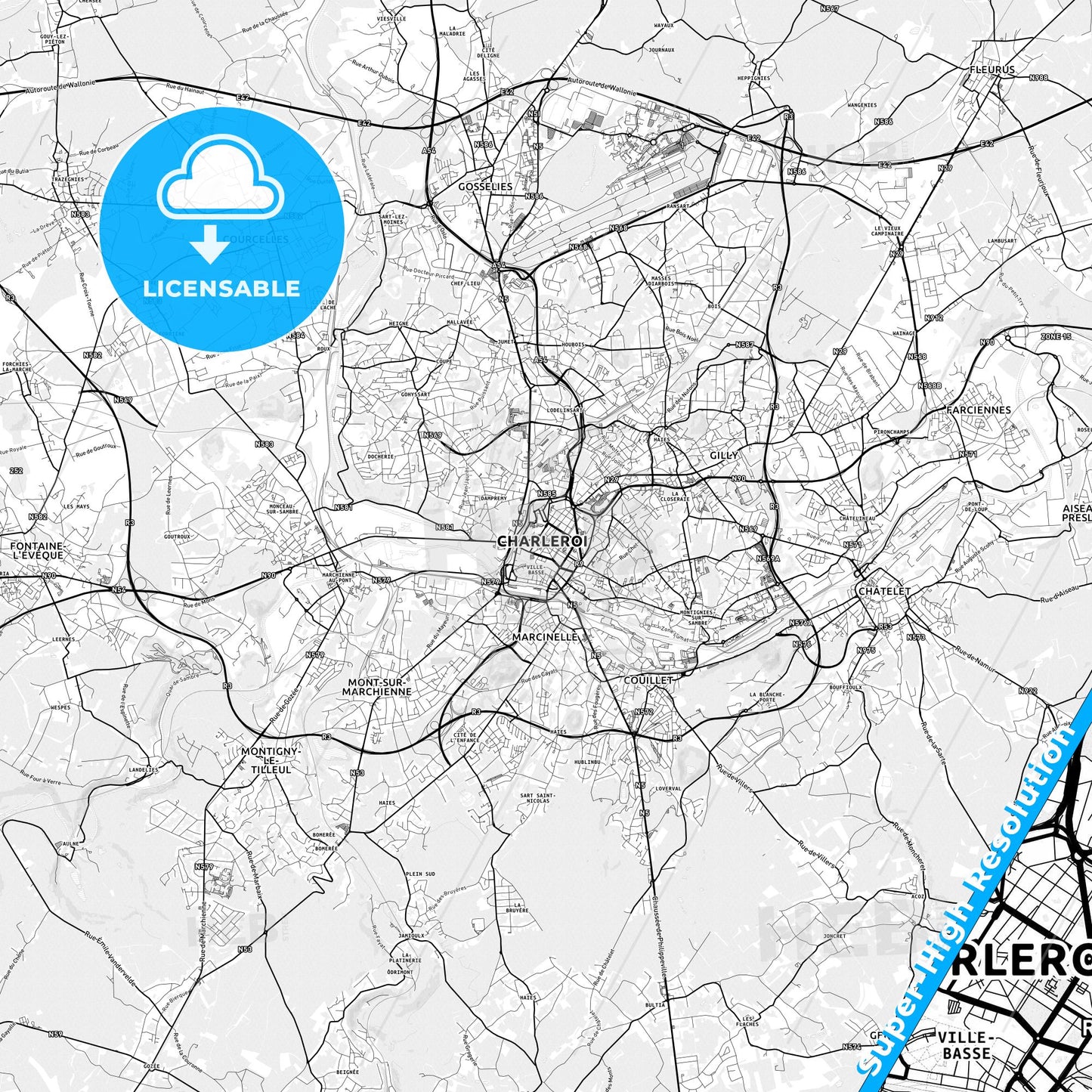 Charleroi, Belgium light map with streetnames, citynames and districts