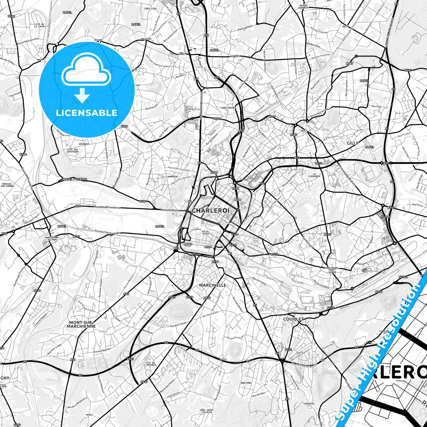 Charleroi, Belgium Light Map with Street Names, City Names, and Districts