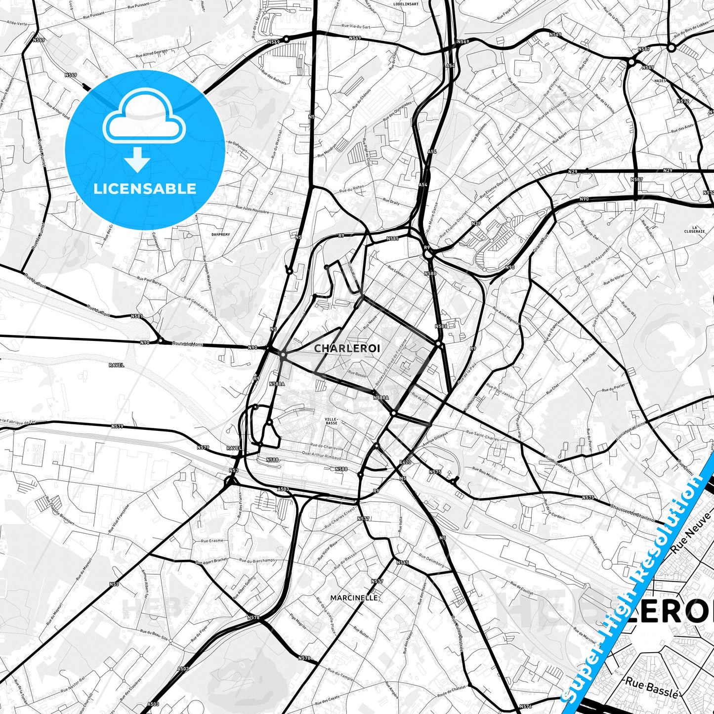 Charleroi, Belgium Light Map with Street Names, City Names, and Districts