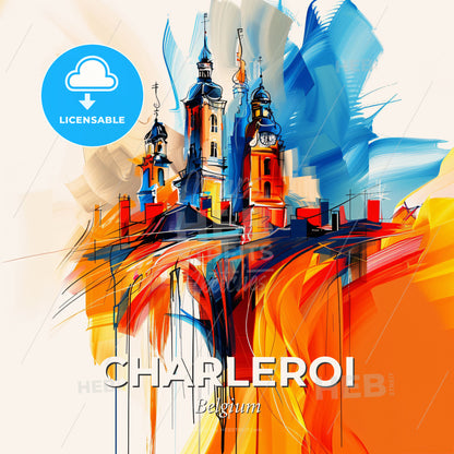 Vibrant Charleroi, Belgium - A Painting Of A Building With Towers And A Clock Tower - Square format print template