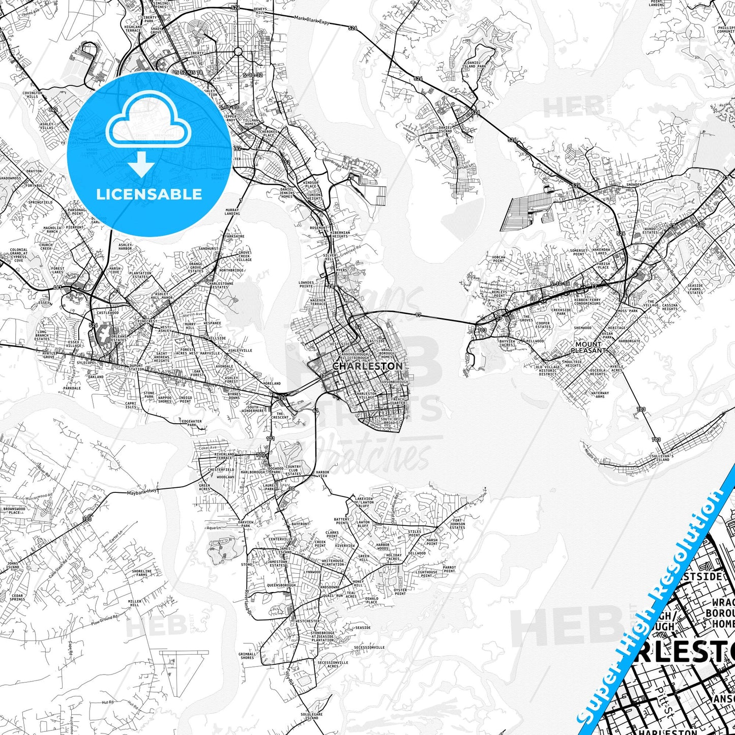 Charleston, South Carolina light map with streetnames, citynames and districts