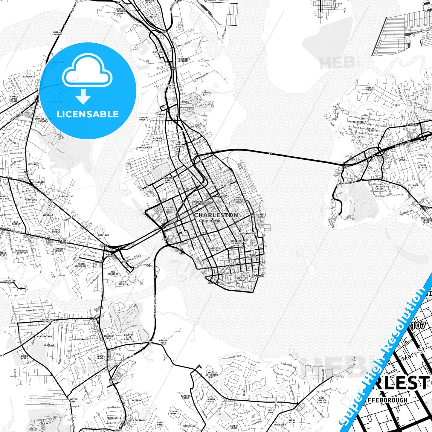 Charleston, South Carolina Light Map with Street Names, City Names, and Districts