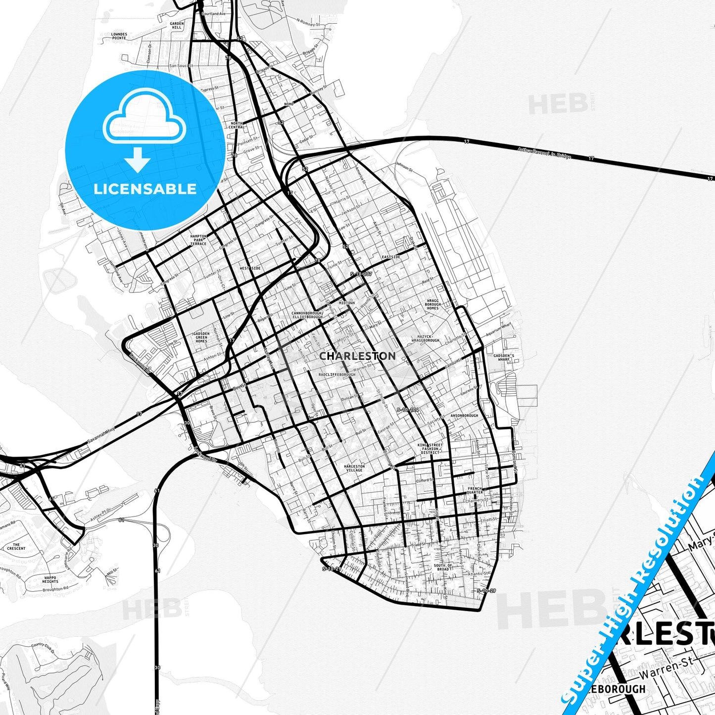 Charleston, South Carolina Light Map with Street Names, City Names, and Districts