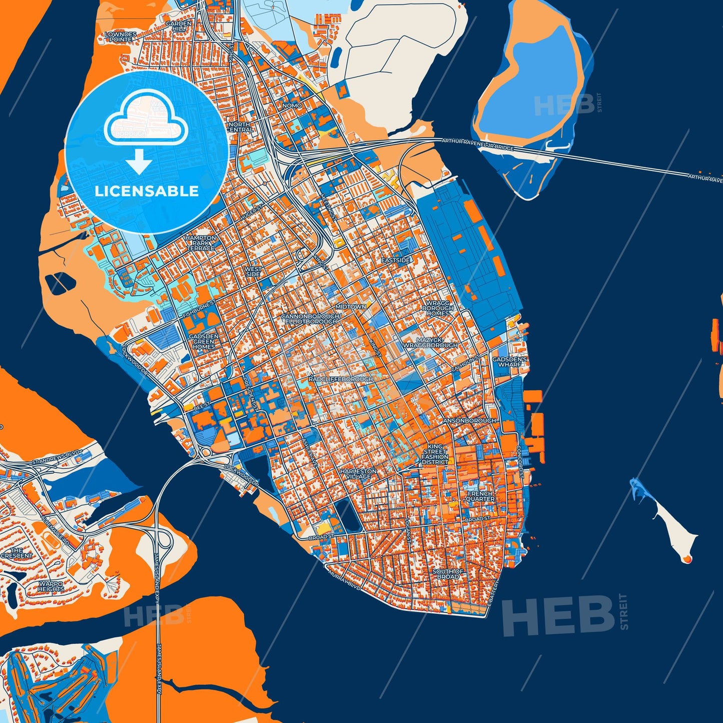 Colorful Charleston Street Map with Labels and Buildings