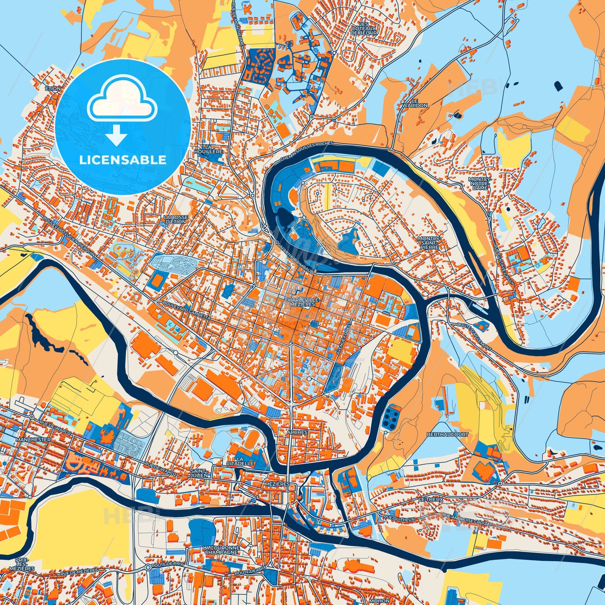 Colorful Charleville-Mézières Street Map with Labels and Buildings