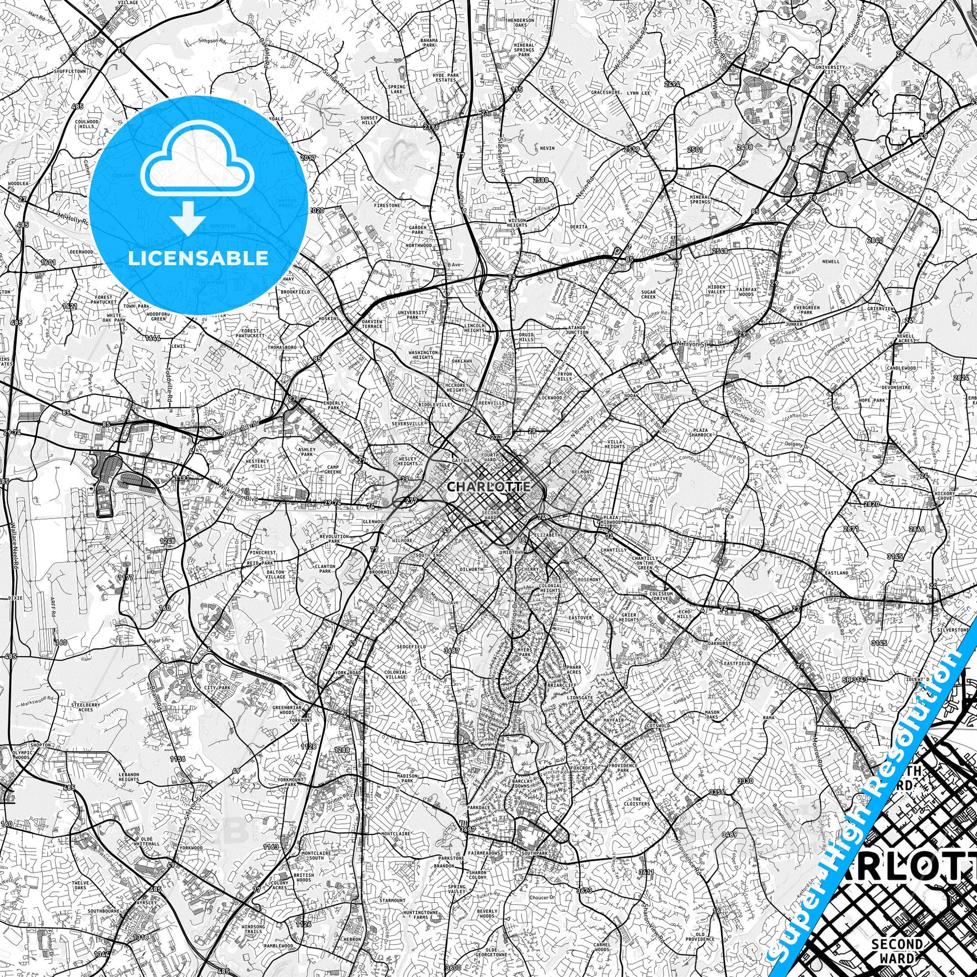 Charlotte, North Carolina light map with streetnames, citynames and districts
