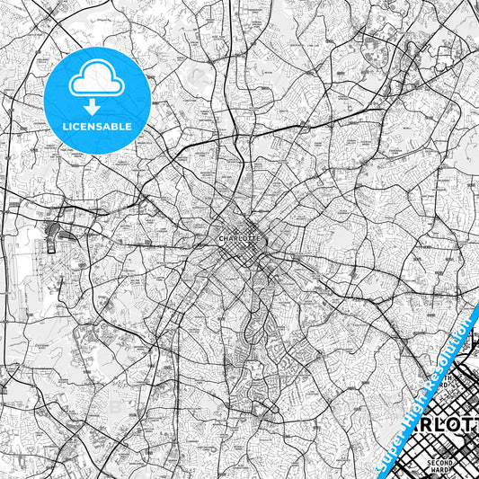 Charlotte, North Carolina light map with streetnames, citynames and districts