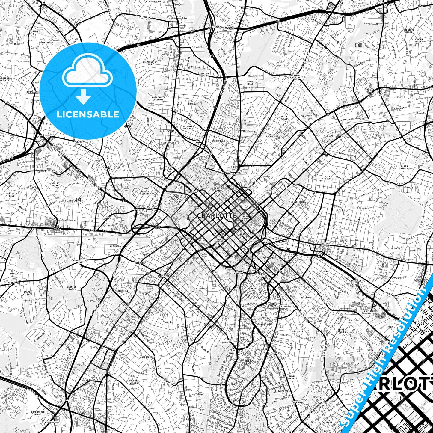 Charlotte, North Carolina Light Map with Street Names, City Names, and Districts