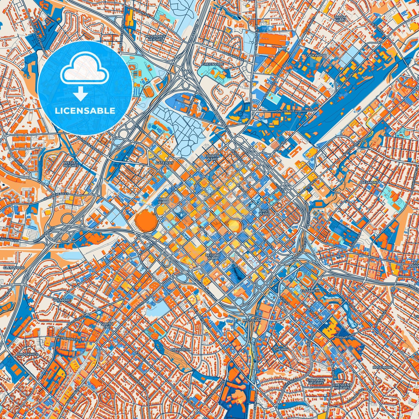 Colorful Charlotte Street Map with Labels and Buildings