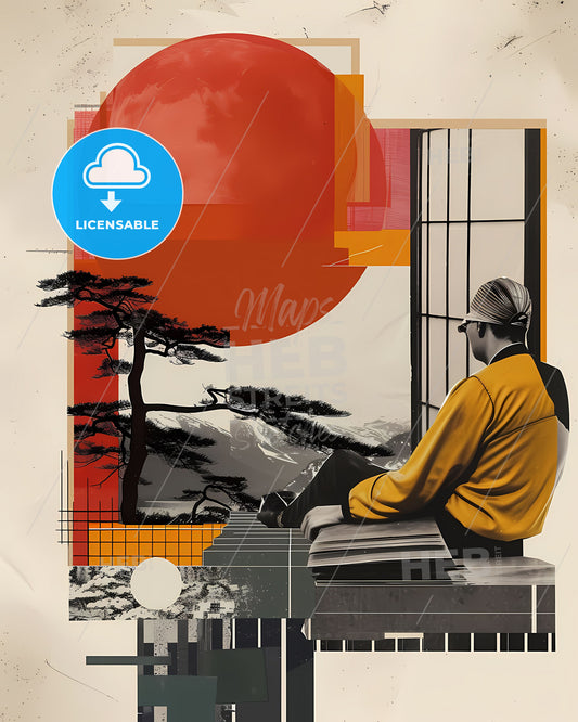 Art Deco Conceptual Collage: Japanese-Inspired Architecture, Window-Gazing Man, Vibrant Painting