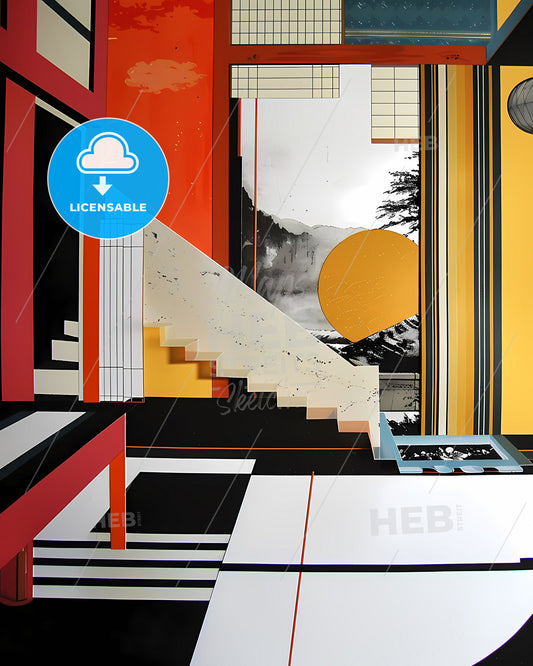 Conceptual Collage Art-Deco Room with Staircase, Wallpaper, and Japanese Illustrations