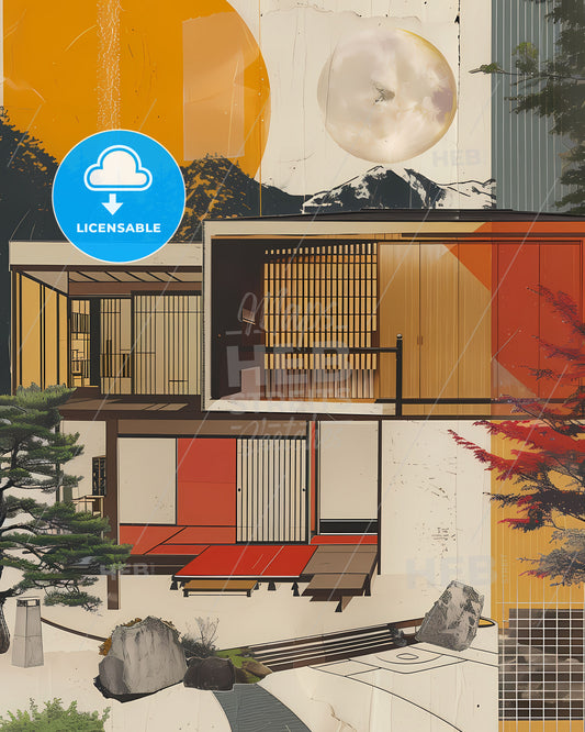 Art Deco Conceptual Collage: Japanese-Inspired Architectural Painting Describing a Vibrant House