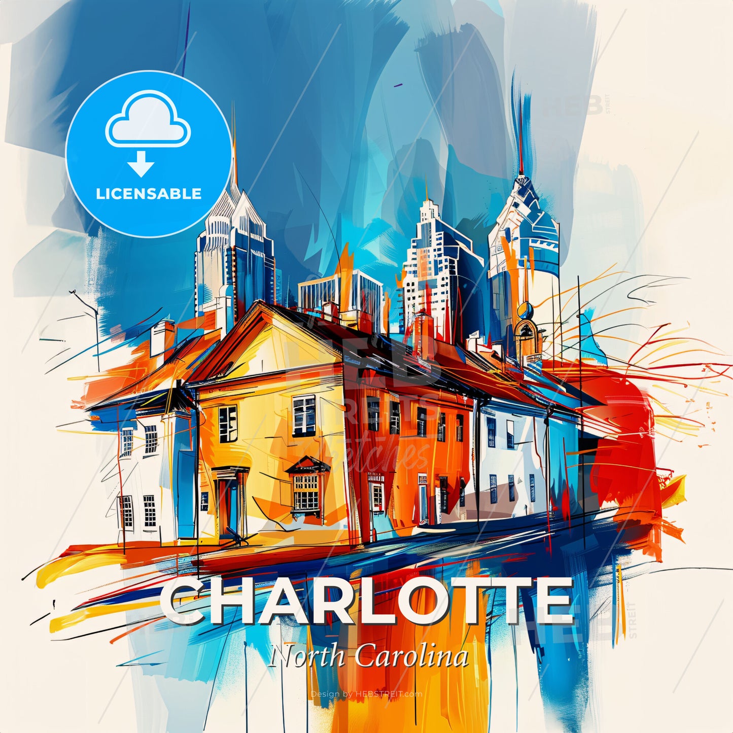 Vibrant Charlotte, North Carolina - A Painting Of A Building With A City In The Background - Square format print template